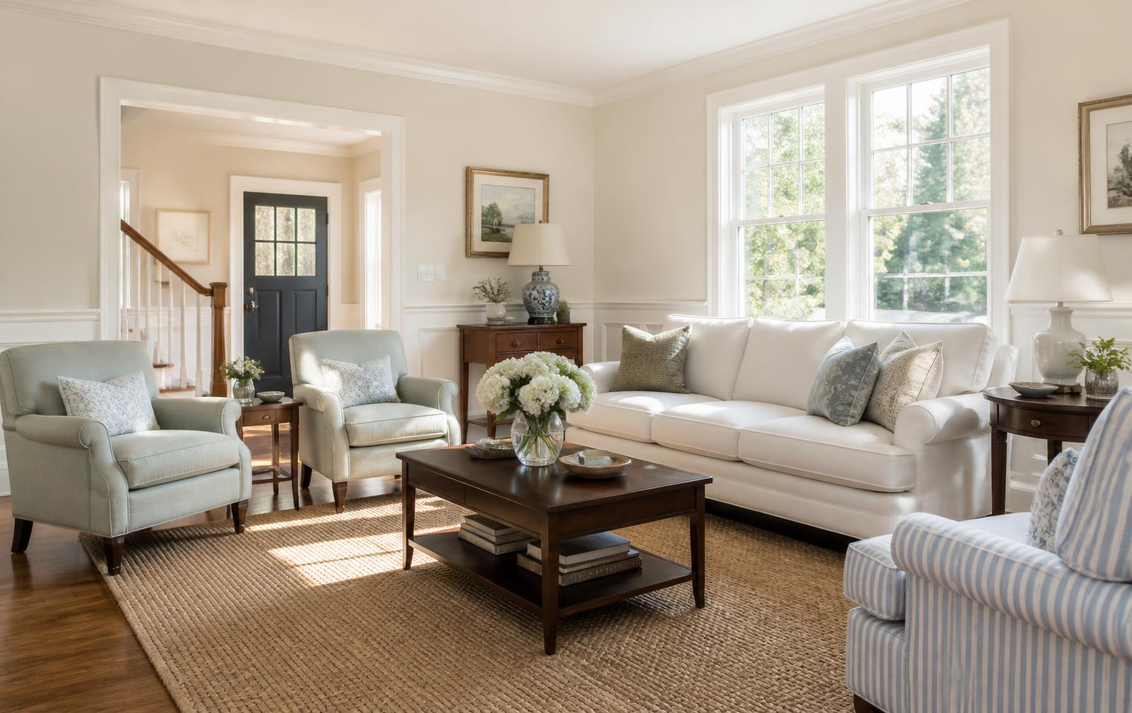 A finished, light-filled Connecticut living room with freshly painted ivory walls and crisp white trim
